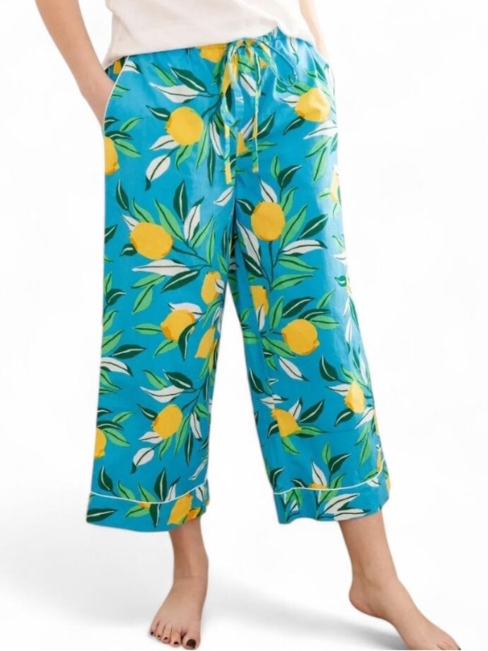 Anthropologie Printfresh Lemon Zest Cropped Pants Blue Organic Cotton Pajama S